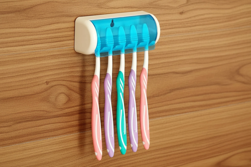 Premium Wall-Mounted Toothbrush Holder with Anti-Dust Flip Cover | Space-Saving Bathroom Organizer for Family (Holds up to 5 Brushes)
