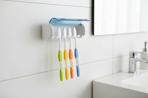 Premium Wall-Mounted Toothbrush Holder with Anti-Dust Flip Cover | Space-Saving Bathroom Organizer for Family (Holds up to 5 Brushes)