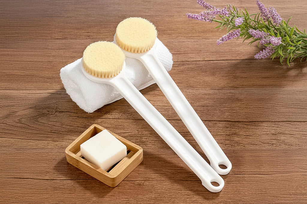 2-Piece Long Handle Bath Brush Set - Gentle Exfoliating Body Scrubber for Hard-to-Reach Areas