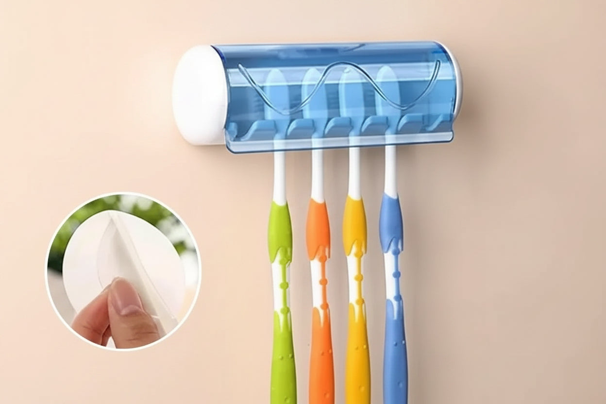 Premium Wall-Mounted Toothbrush Holder with Anti-Dust Flip Cover | Space-Saving Bathroom Organizer for Family (Holds up to 5 Brushes)